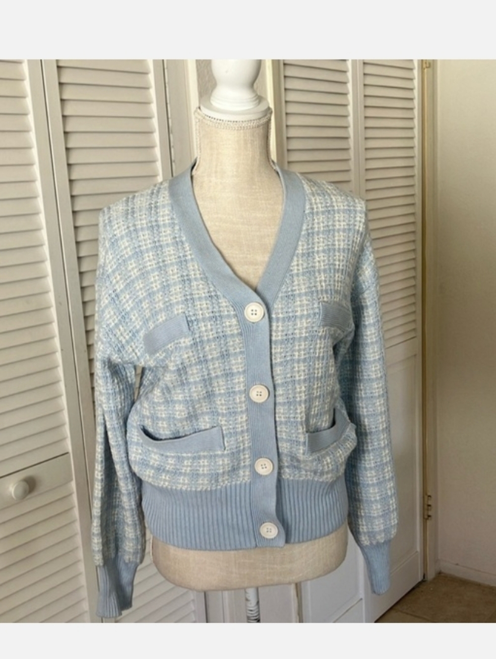 Light Blue Tweed Button-Up Women's Cardigan Sweater